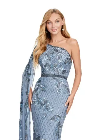 Ashley Lauren 11434 Long Prom Dress One Shoulder Fully Beaded Gown Floor Length Sleeve Formal Pageant