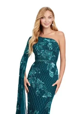 Ashley Lauren 11434 Long Prom Dress One Shoulder Fully Beaded Gown Floor Length Sleeve Formal Pageant