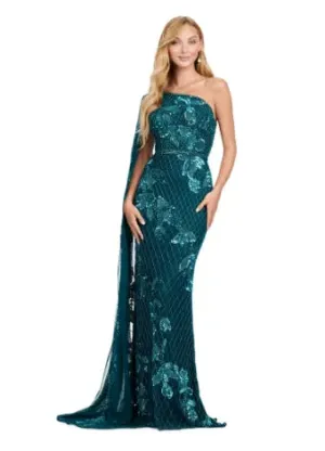 Ashley Lauren 11434 Long Prom Dress One Shoulder Fully Beaded Gown Floor Length Sleeve Formal Pageant