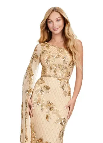 Ashley Lauren 11434 Long Prom Dress One Shoulder Fully Beaded Gown Floor Length Sleeve Formal Pageant