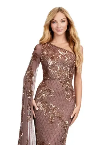 Ashley Lauren 11434 Long Prom Dress One Shoulder Fully Beaded Gown Floor Length Sleeve Formal Pageant