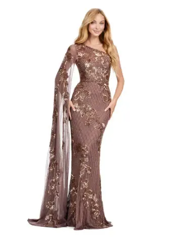 Ashley Lauren 11434 Long Prom Dress One Shoulder Fully Beaded Gown Floor Length Sleeve Formal Pageant