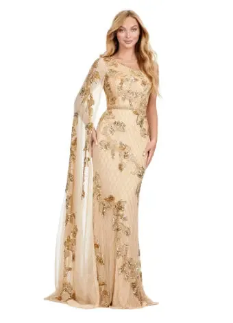 Ashley Lauren 11434 Long Prom Dress One Shoulder Fully Beaded Gown Floor Length Sleeve Formal Pageant