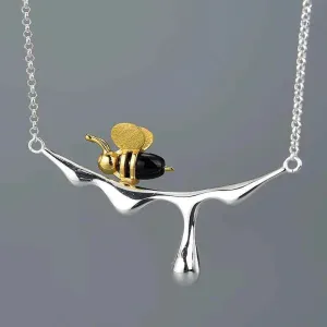 Bee Charm Jewelry Set - 925 Sterling Silver Necklace and Earring with Dripping Honey Pendant (LFJF0072)