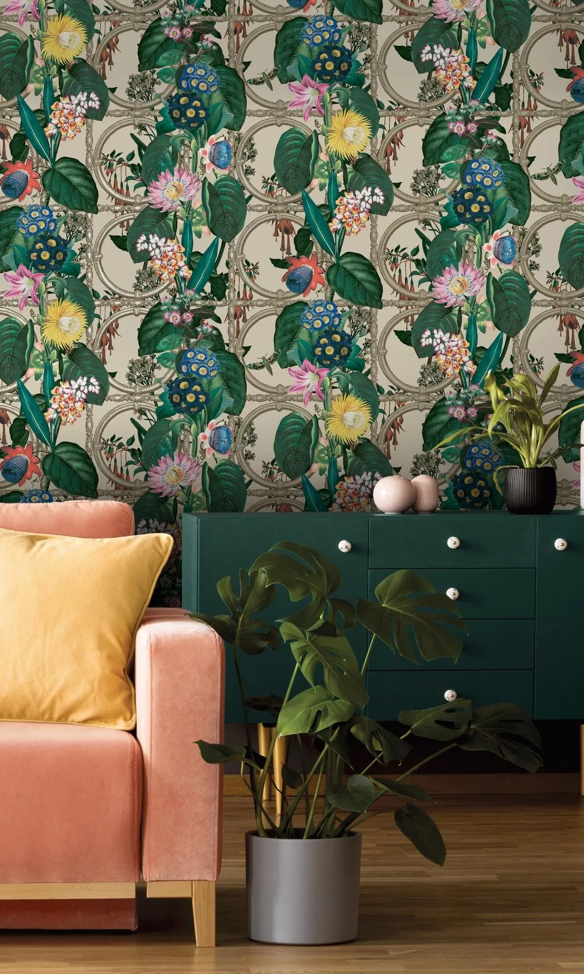 Beige Metallic Bold Flowers and Leaves Floral Wallpaper R7575