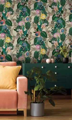 Beige Metallic Bold Flowers and Leaves Floral Wallpaper R7575