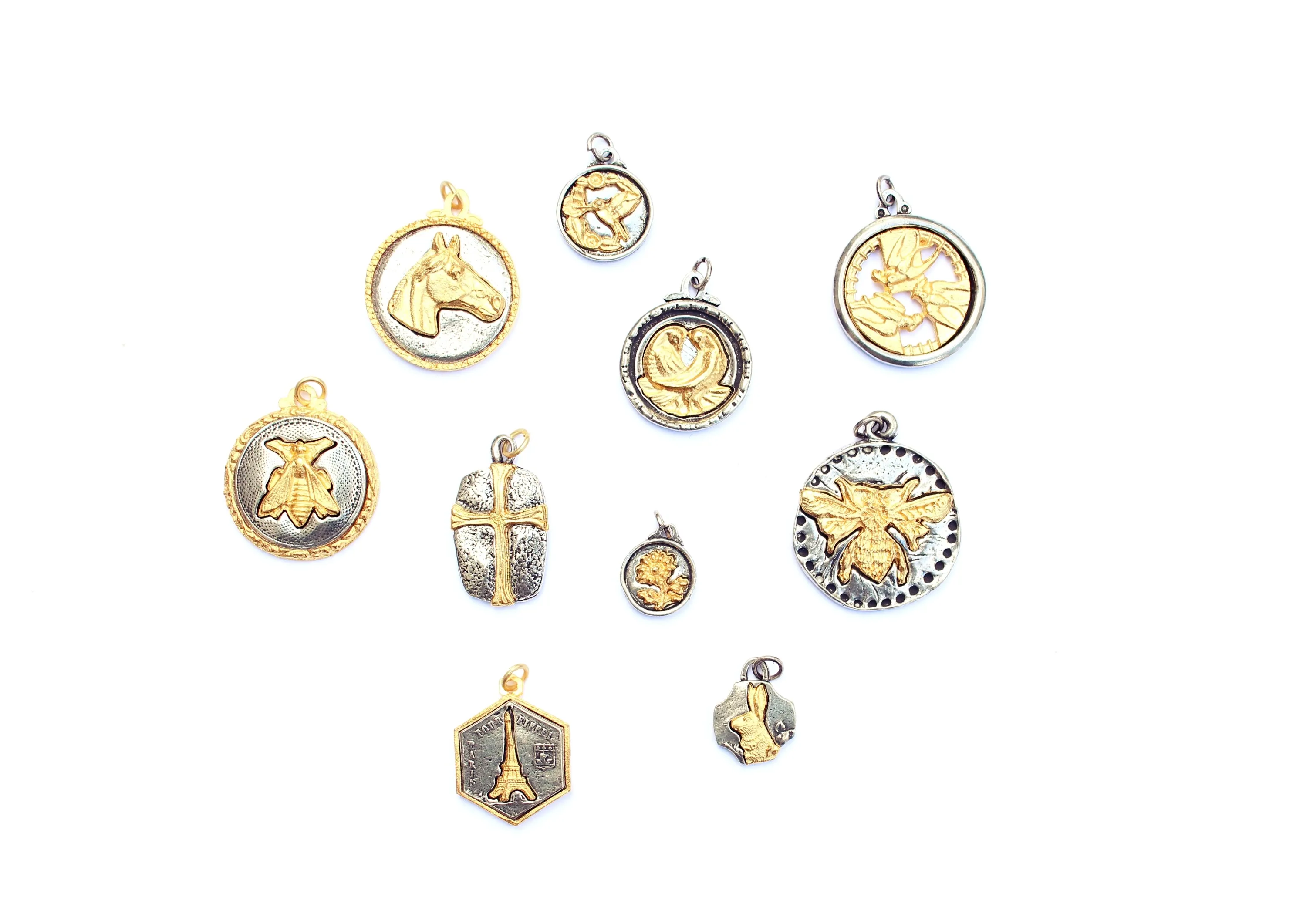 Lovebird Coin Pendant in Mixed Metal Britannium