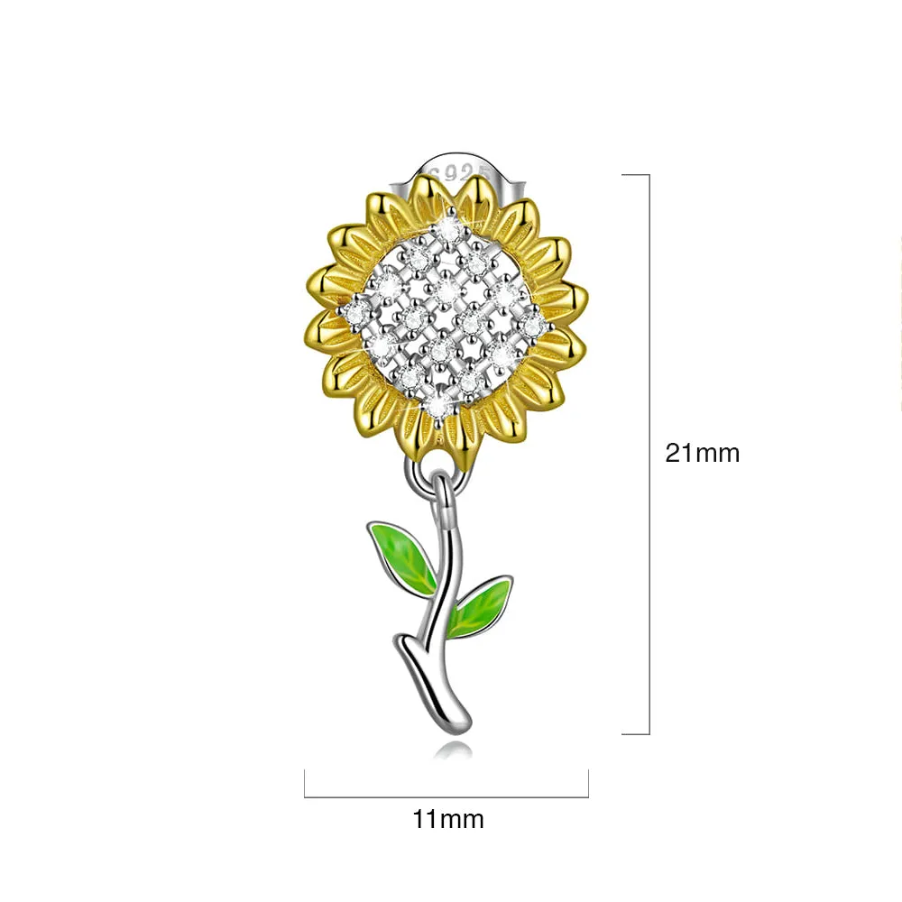 Solid 925 Signature Silver Summer Dance Sunflower Stud Earrings